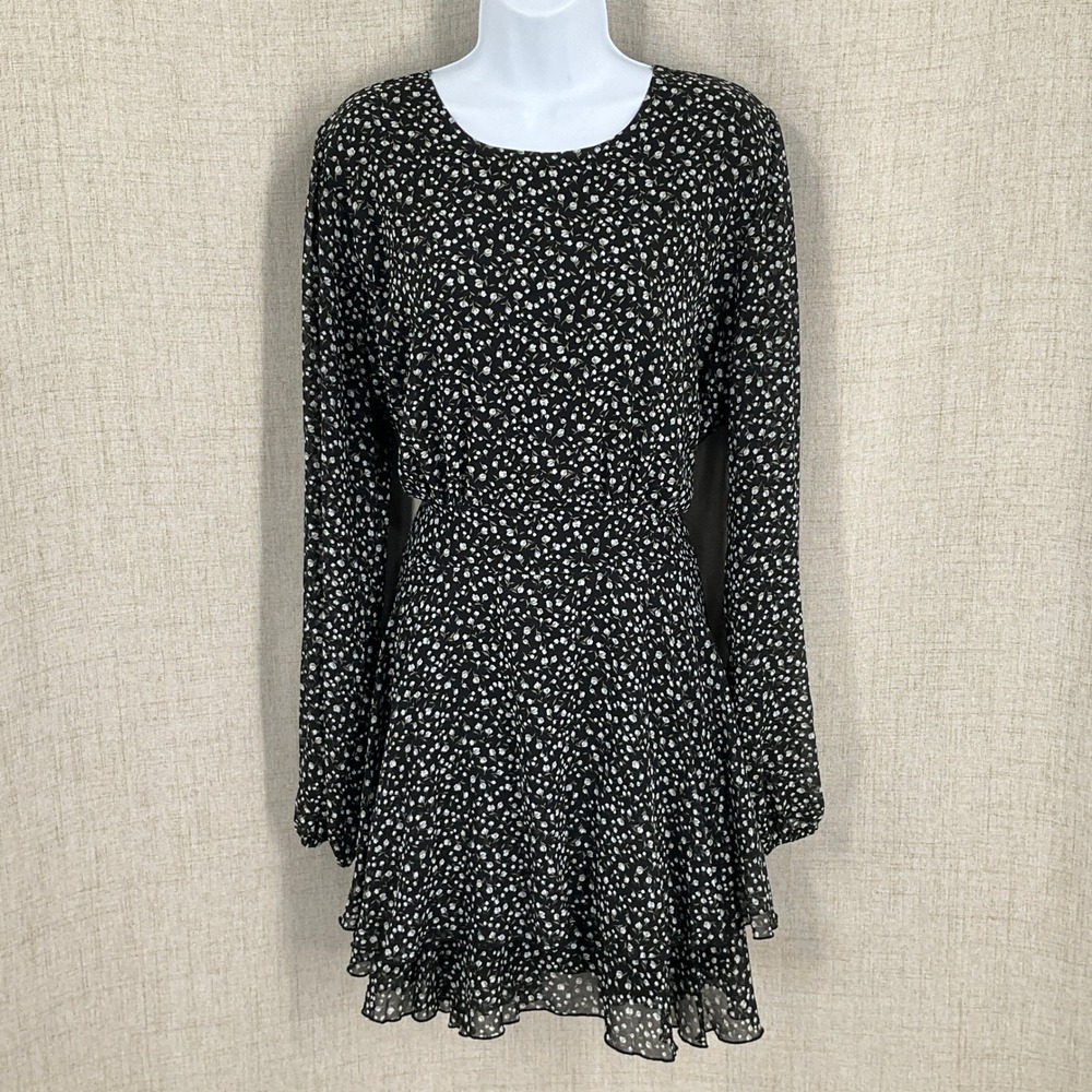 Ever After Floral Mini Dress Womens XL Black Chiffon Long Sleeve Ruffle Tie Back